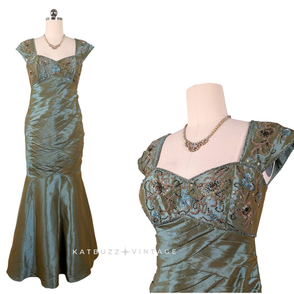 Vintage Prom Dress Maxi Gown 8 Green Mermaid Y2K Glam Princess Bead Empire Goth